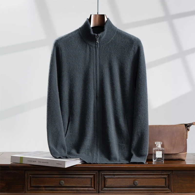【上新特惠】男士510克纯山羊绒元宝针圆领长袖带兜拉链羊绒开衫