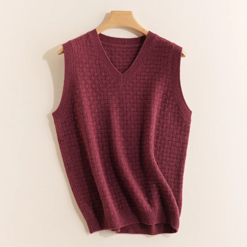 【不议价】男士260克纯山羊绒7针V领双股线网格纯休闲显瘦马甲坎肩