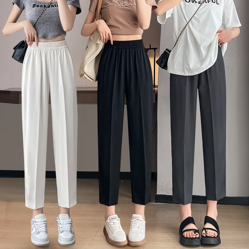 冰丝西装哈伦裤子女夏季薄款防晒松紧腰休闲凉凉裤九分雪纺萝卜裤