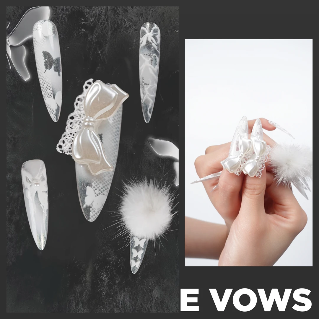 幻调White Vows 白色誓言｜幻调白色蕾丝蝴蝶结可拆卸茸毛穿戴美甲