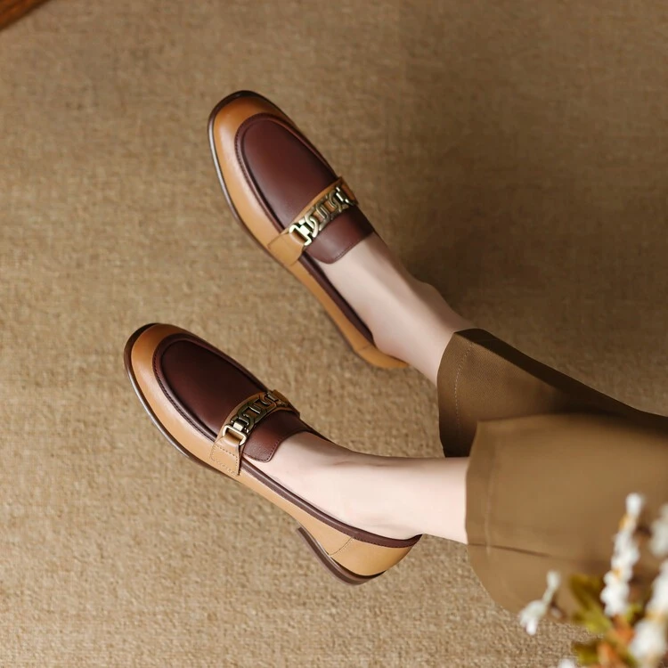 头层牛皮百搭圆头一脚蹬女鞋平底懒人乐福鞋优雅方头复古英伦风