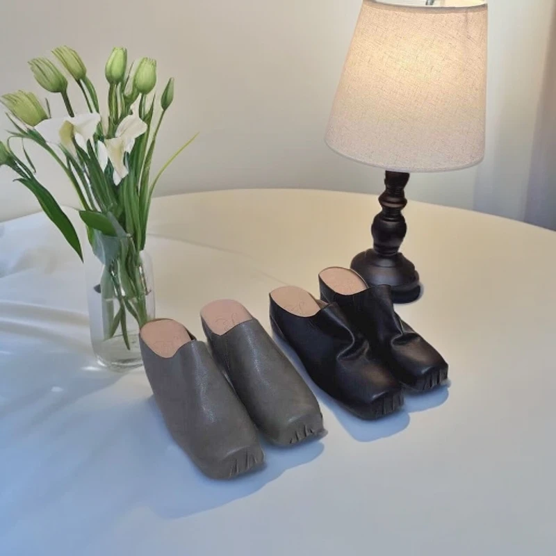 34-40码猪鼻子鞋头马皮包头半托女鞋一脚蹬百搭平底舒适软底时尚