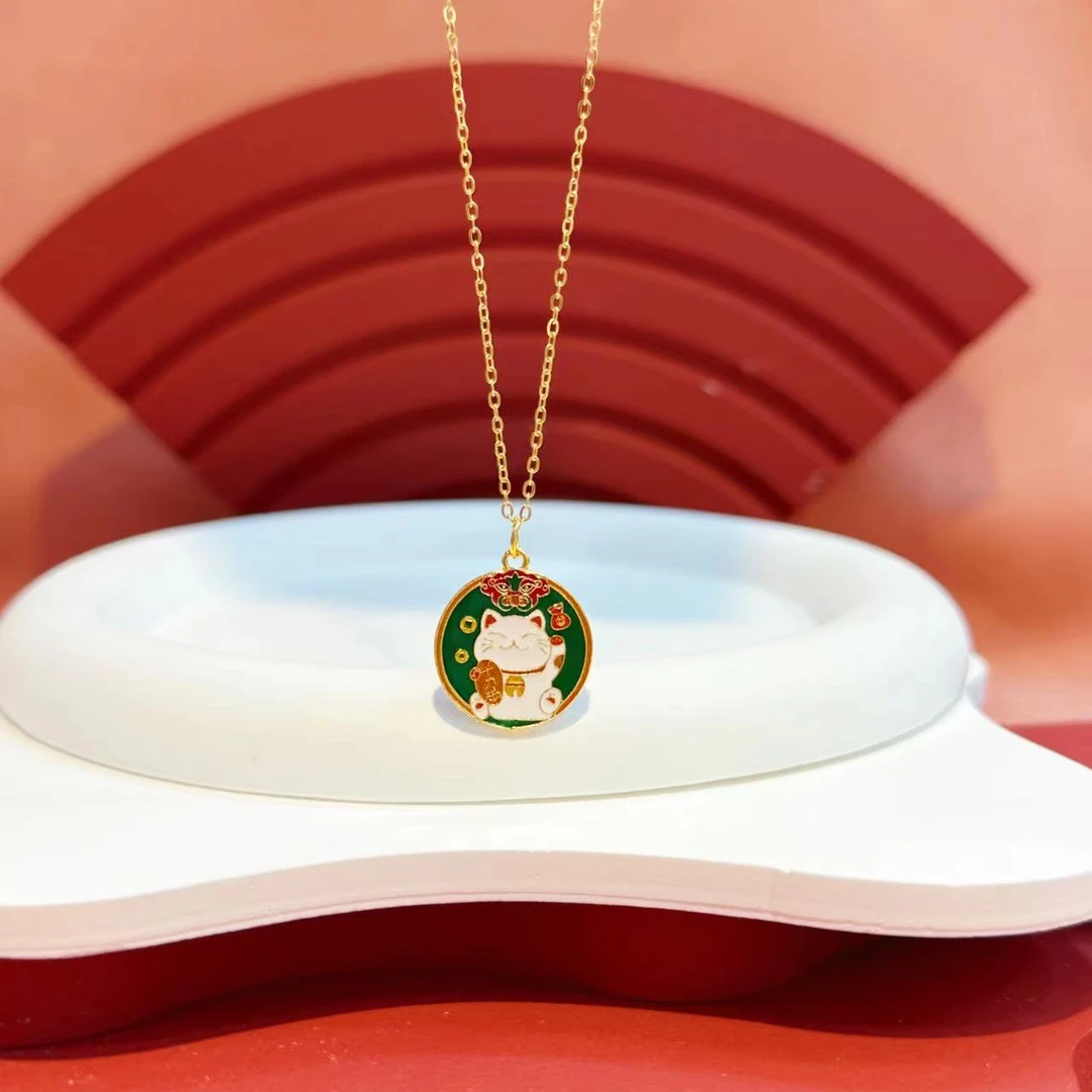 吊坠925银 S925银烤蓝招财猫圆牌（主图展示的是正反面）HNZ6116