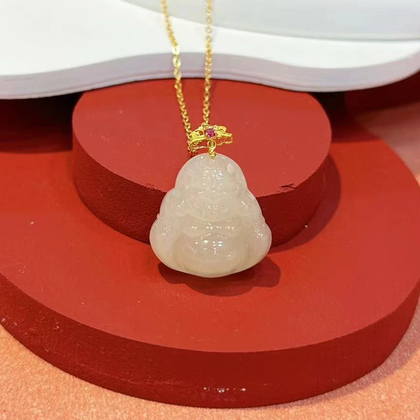 18K金镶嵌扣头22*8mm和田玉藕粉佛HNZ6150