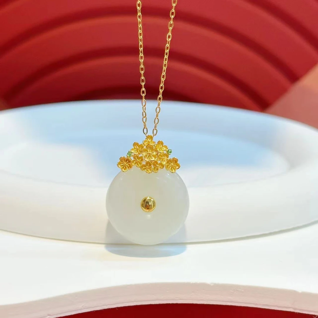 【红娘子】18K金大繁花镶嵌22mm高货白玉平安扣HNZ6797