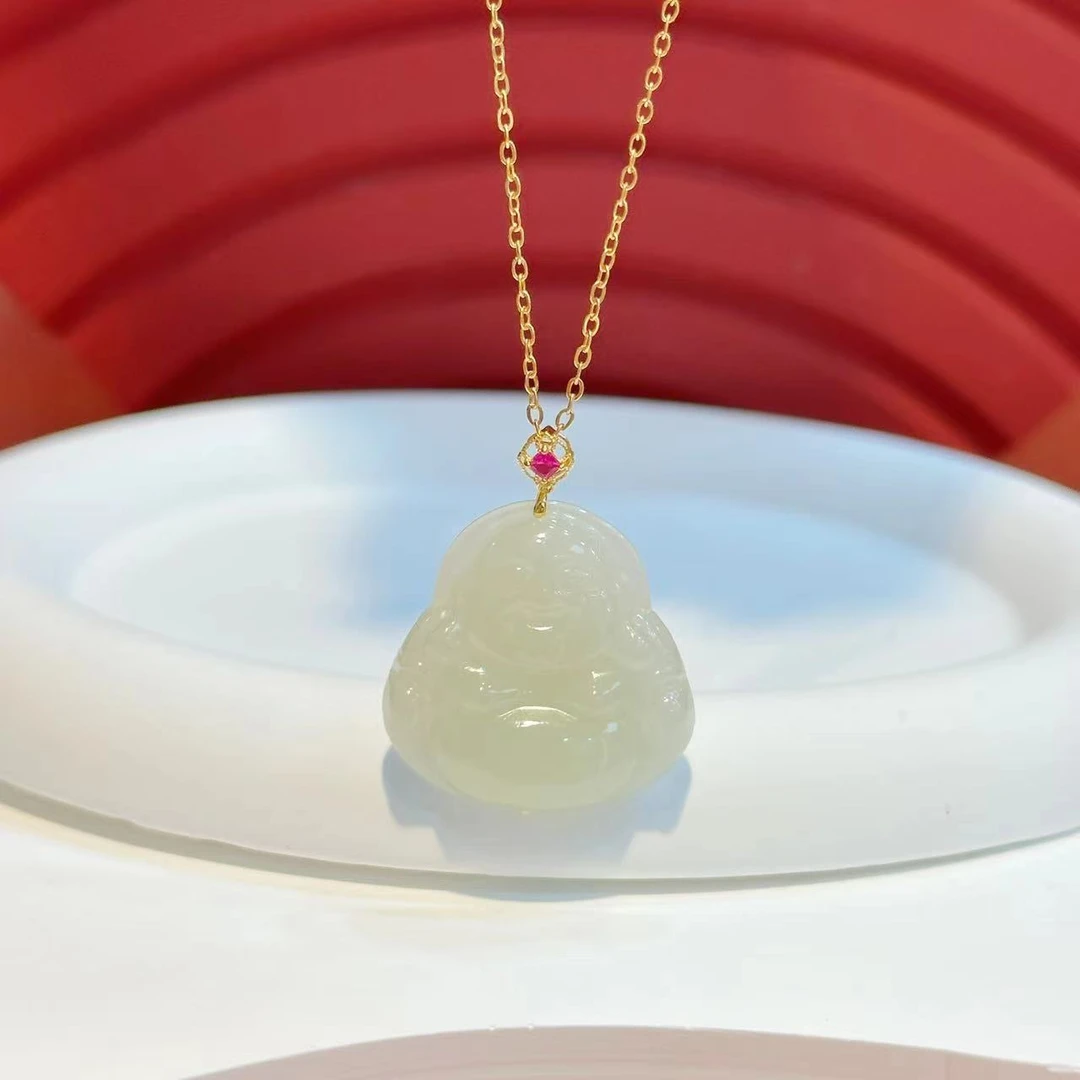 【红娘子】18K金棱形扣头25*26mm白玉大佛公（多样性发其一）HNZ1355