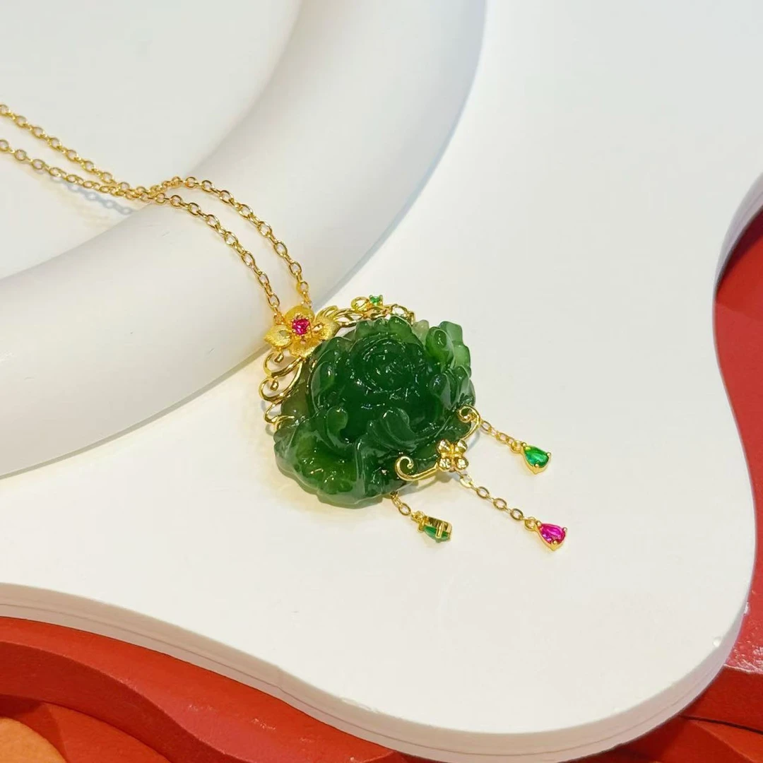 【红娘子】18K金花瓣镶嵌碧玉流苏牡丹花HNZ7853