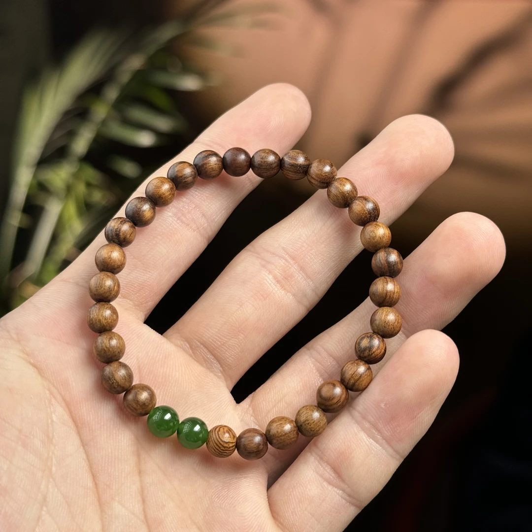 木带宝花梨木类搭配和田玉碧玉单圈手串（碧玉有天然玉质结构）