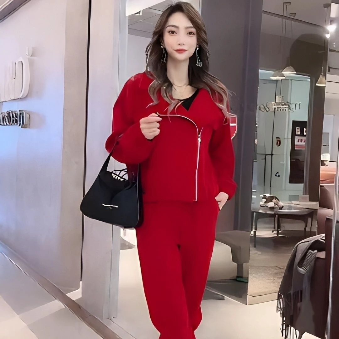 2023年春季套装长袖翻领斜拉链外套小脚裤休闲运动风两件套女百搭