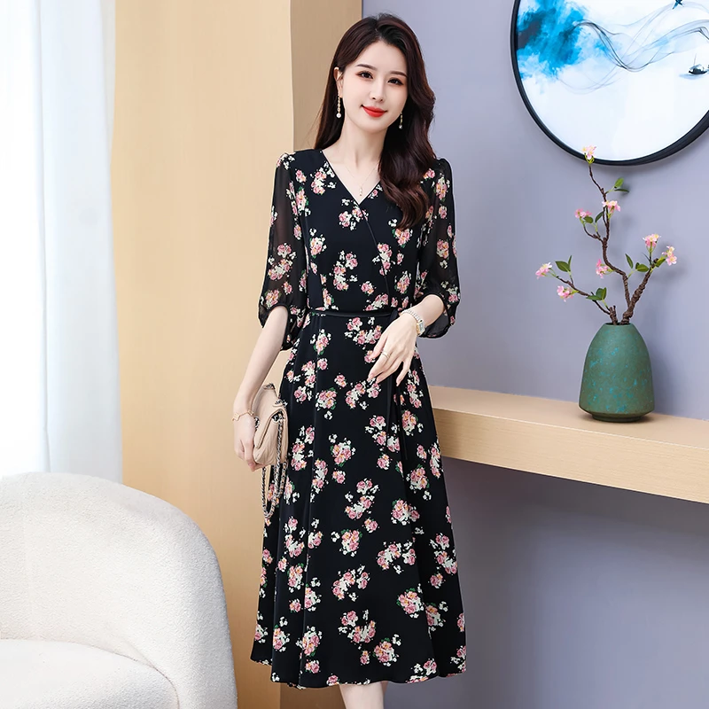 【运费补贴】9538蔷薇花碎花连衣裙女中长款遮肉时尚减龄宽松连衣裙