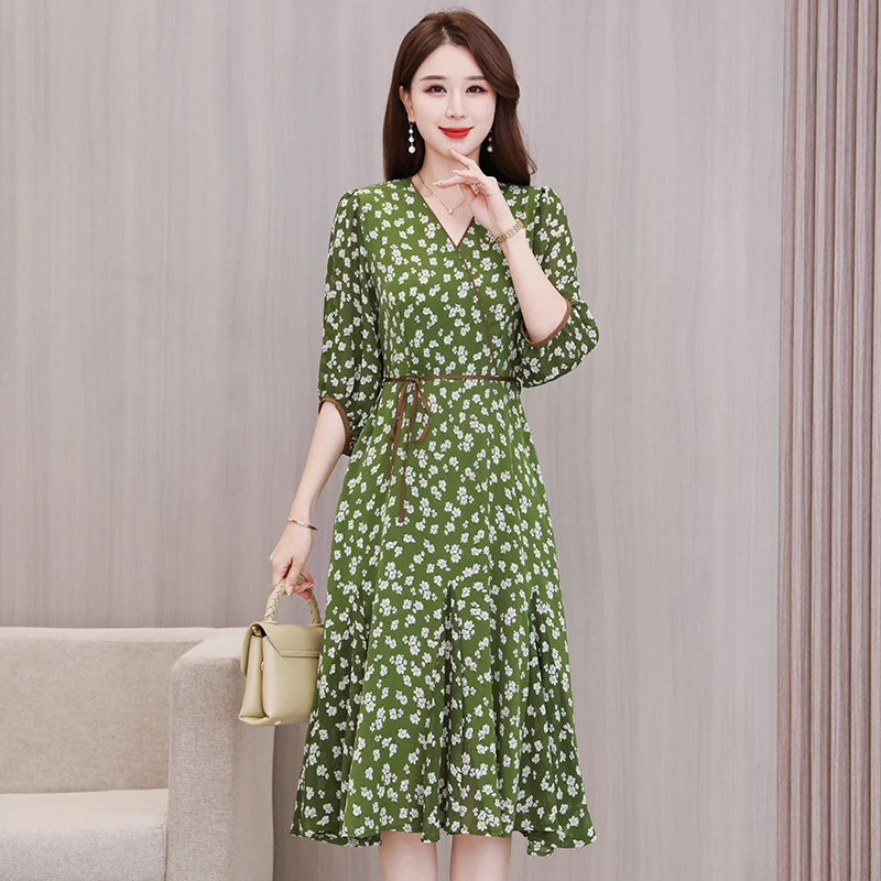 9527绿色碎花连衣裙女装连衣裙