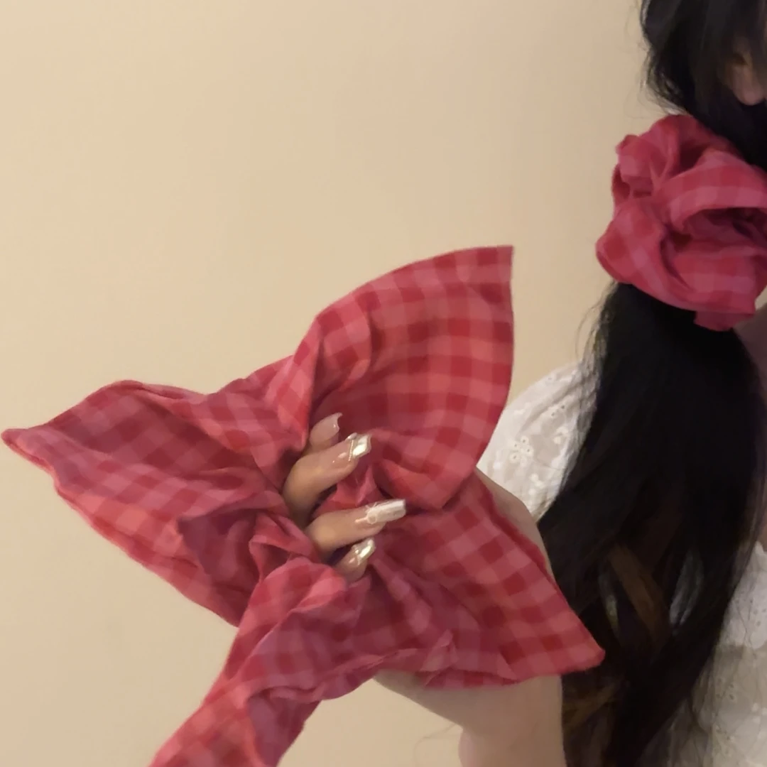 乌梅子酱~超级显白方巾树莓粉格子方形大肠圈发圈发绳皮筋头绳女