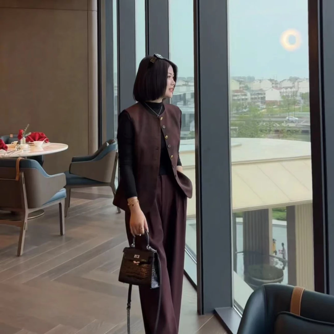 玳妮【萍萍推荐】秋季圆领晕染西装马甲+薄纱打底+时装阔腿裤三件套