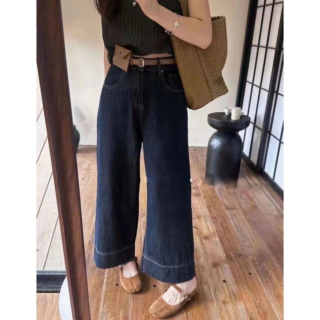 【萍萍推荐】秋季翻边刺绣波浪纹窄版阔腿裤水洗百搭时尚宽松牛仔裤