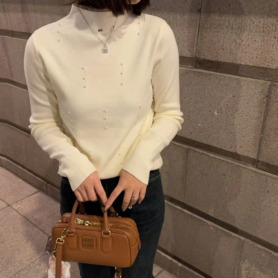 玳妮【珍珠毛针织】冬季 立领钉珠套头弹力针织衫 宽松百搭时尚线衫