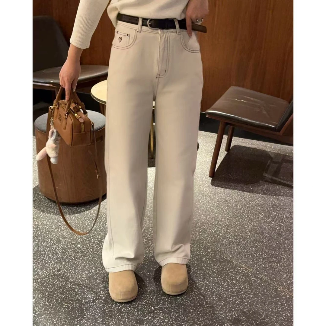 玳妮【爱心阔腿裤】冬季口袋爱心刺绣水洗直筒裤时尚加绒显瘦牛仔裤