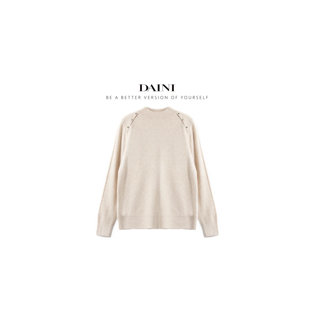 玳妮【铆钉肩扣线衫】冬季 立领拼接重工金属钉针织衫 弹力套头线衫