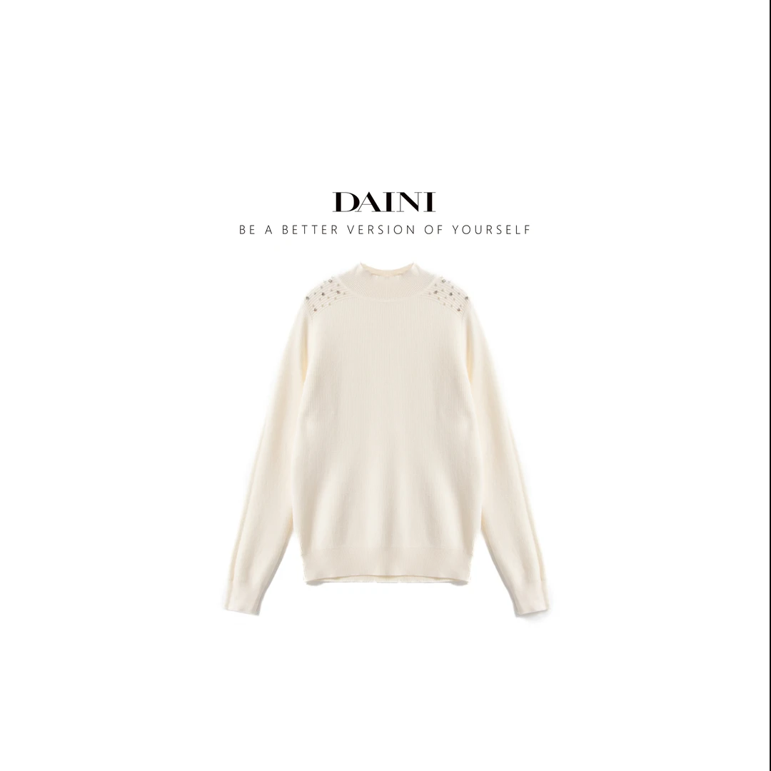 玳妮【璀璨亮钻一体绒】冬季立领拼接拉毛休闲线衫弹力套头毛针织衫