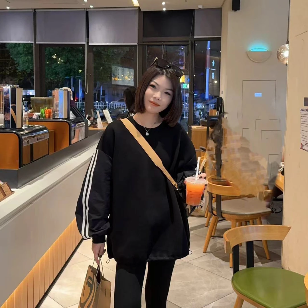 玳妮【拼接袖卫衣】秋季圆领撞色双杠休闲上衣拼接宽松套头百搭卫衣