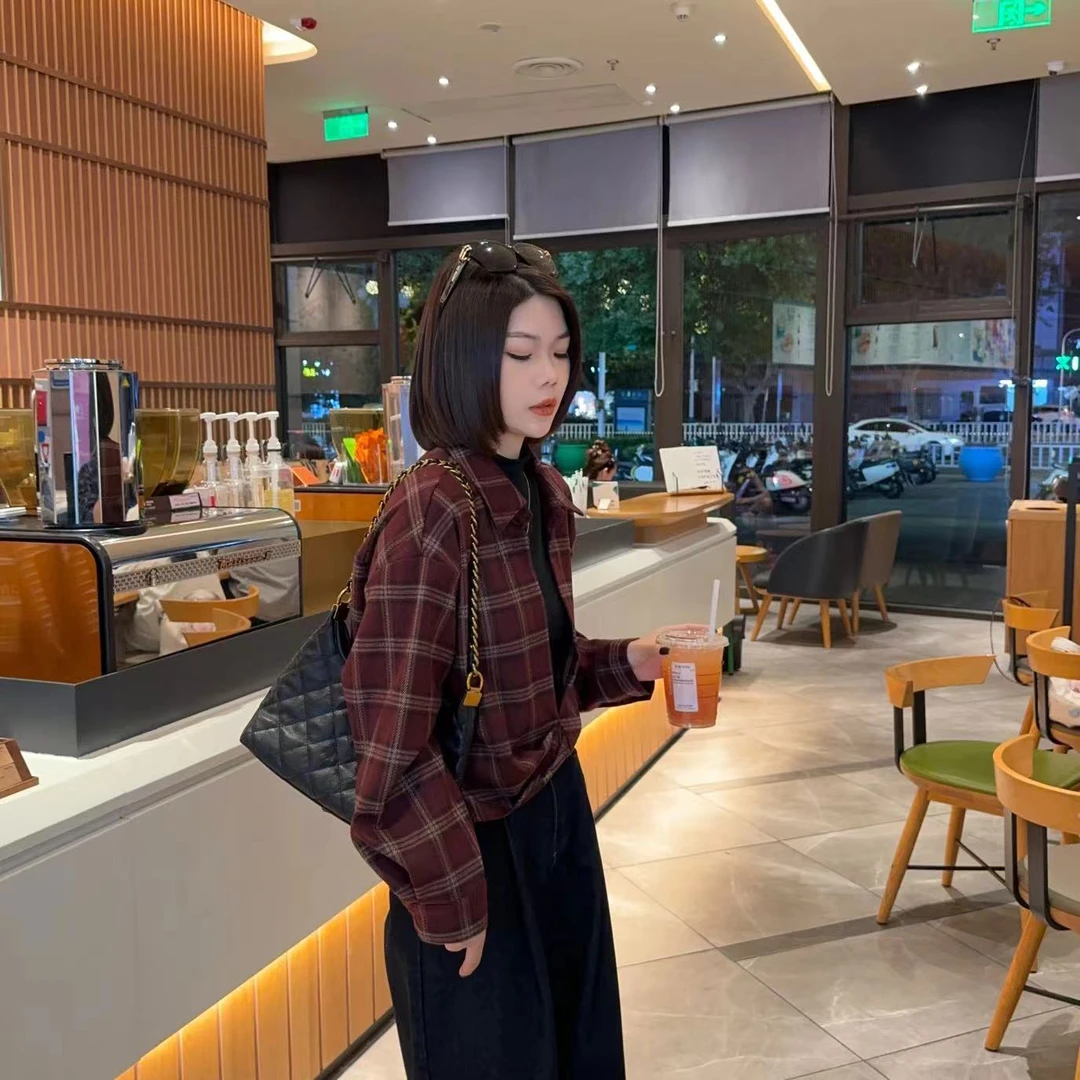 玳妮【格子两件套】秋季新款韩版复古格子衬衫两件套时尚休闲百搭款