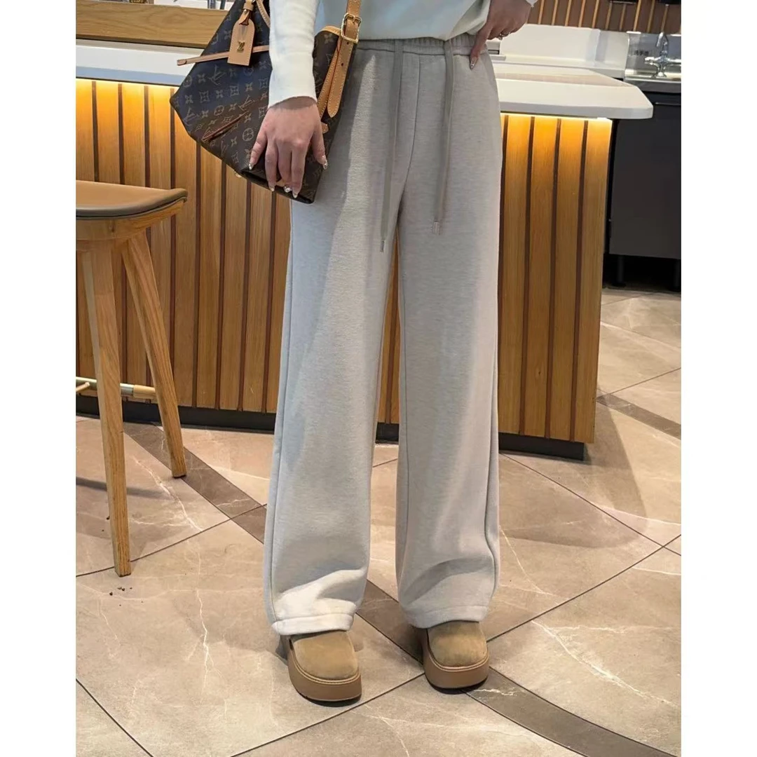 玳妮【圆标阔腿运动裤】冬季加绒金属标松紧腰直筒长裤时尚休闲卫裤