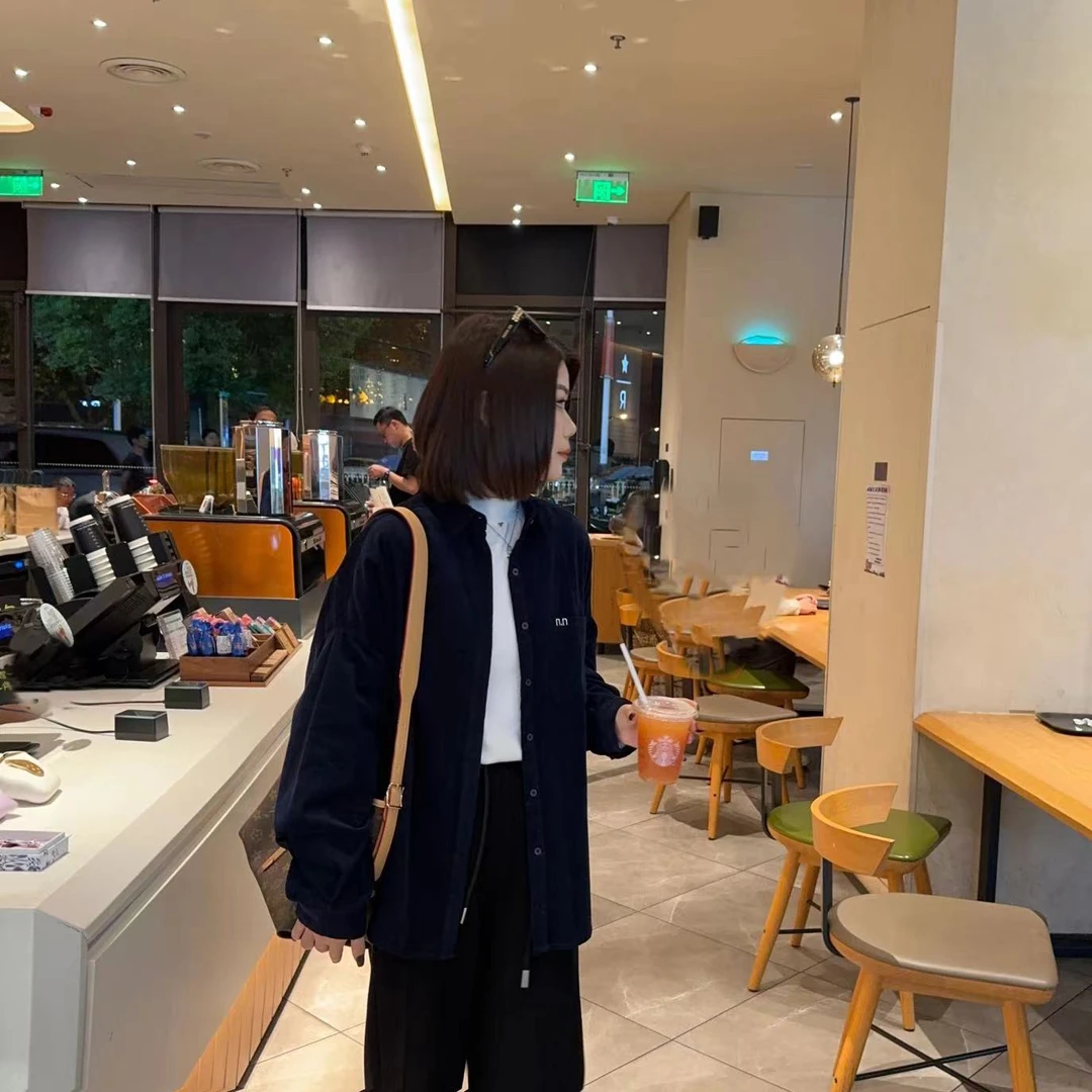 【灯芯绒衬衫】秋季 翻领字母刺绣细凹条衬衣 竖条休闲设计师衬衫