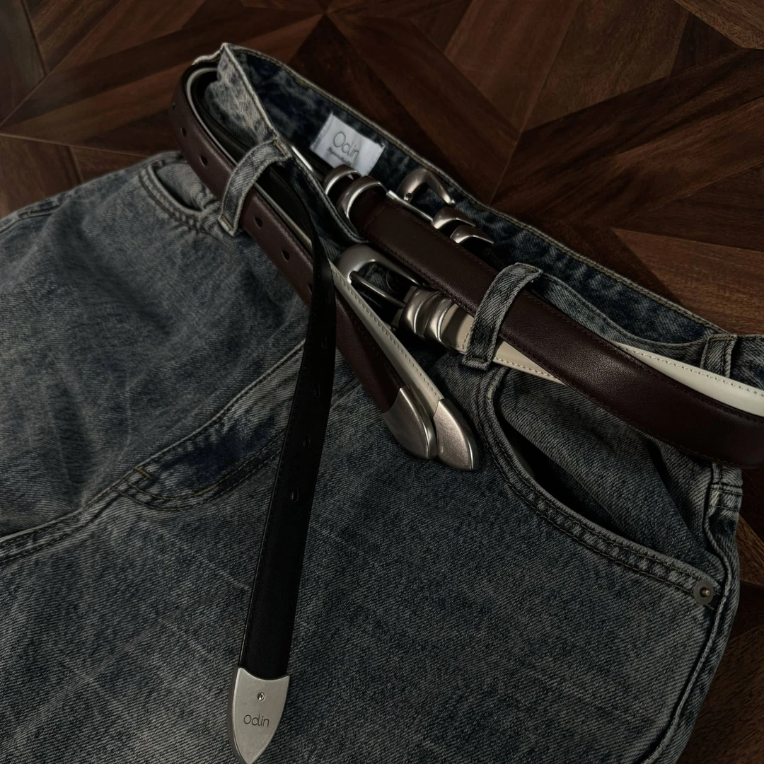 Oclin“Double Lock”双锁环头层小牛皮复古基础三色腰带