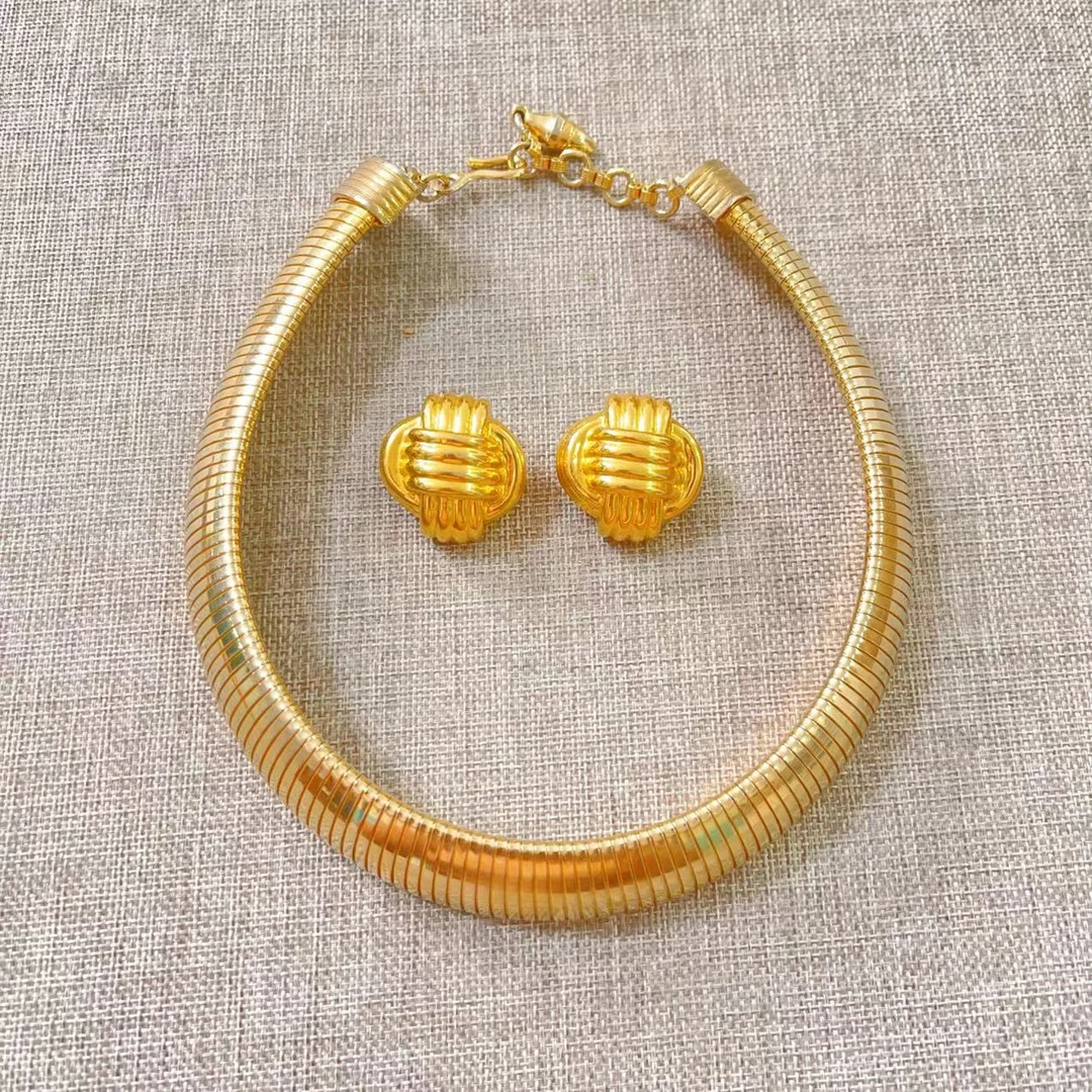 合金项链 素金色项圈法产耳夹套装