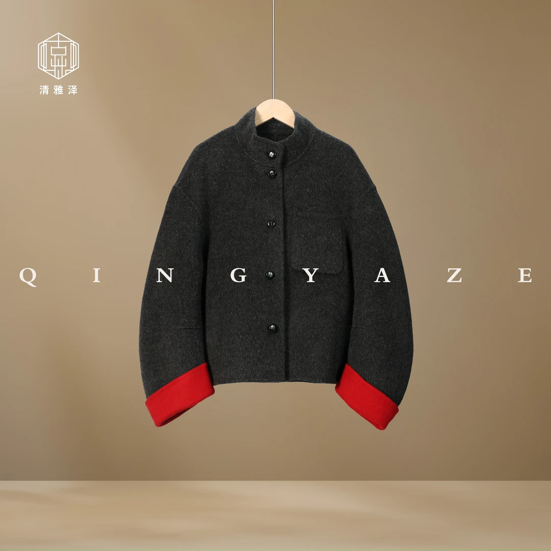 灰红！灯笼袖短款大衣5312