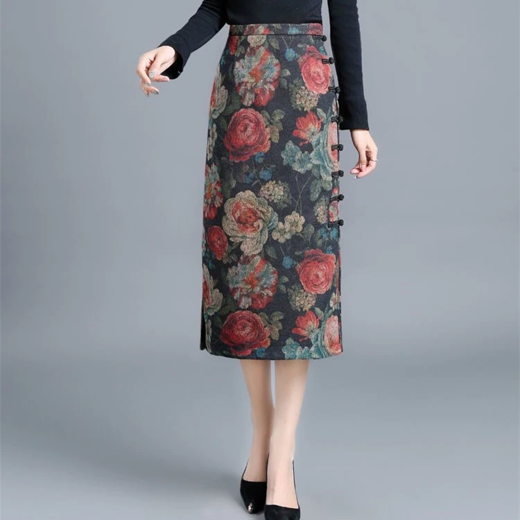 秋冬高腰旗袍中长款毛呢半身裙女2025新款复古包臀开衩一步裙子女