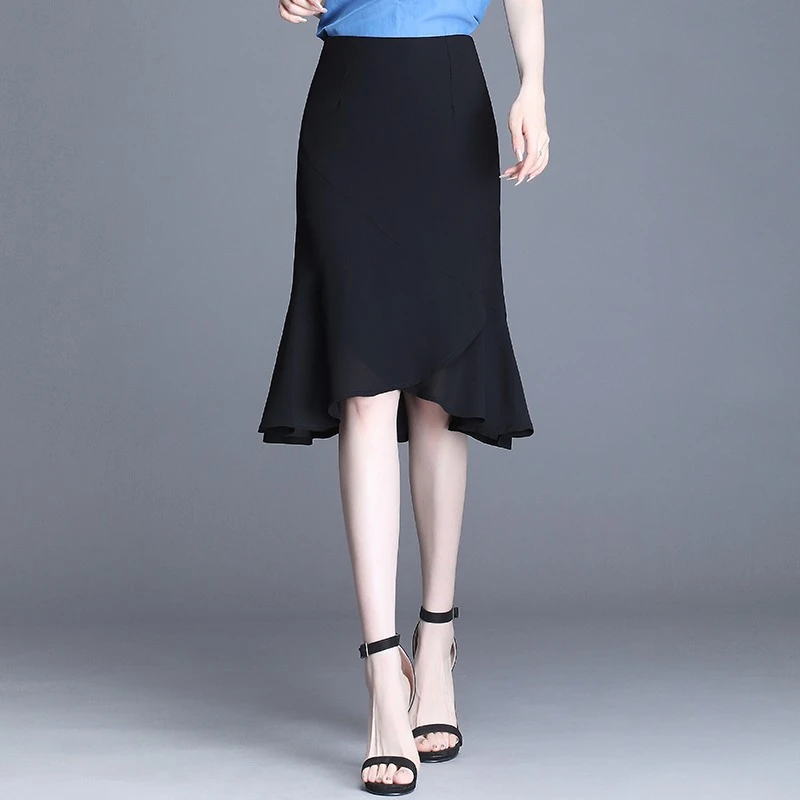 雪纺半身裙女中长款2024夏季新款黑色鱼尾裙高腰不规则薄款包臀裙