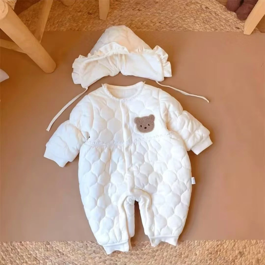 云朵棉婴幼儿连体衣冬季小熊女宝宝薄棉加绒保暖外出服哈衣+帽子