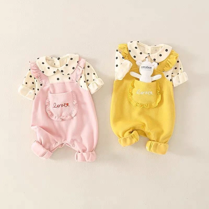 清新圆点小可爱假背带连体衣女宝春秋幼儿洋气套装长爬秋季女童