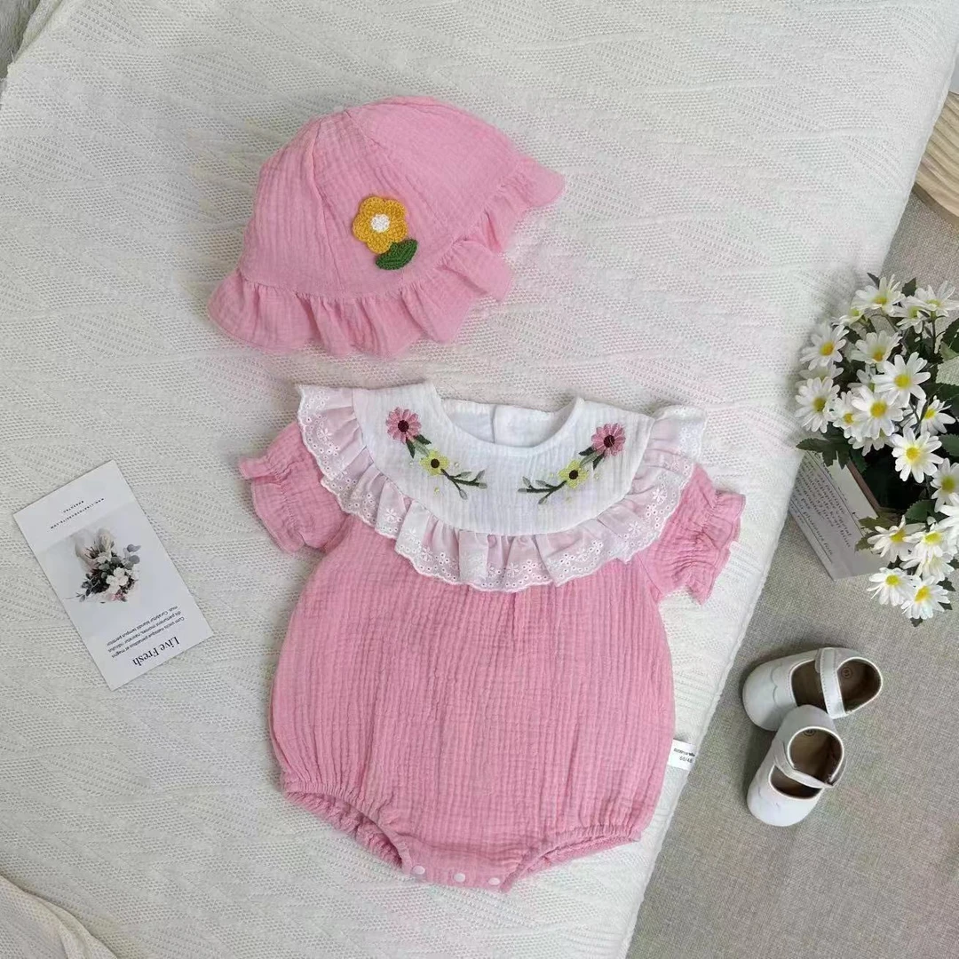 甜美女宝宝夏季连体衣哈衣满月百天外出服夏款绣花婴儿包屁衣儿童