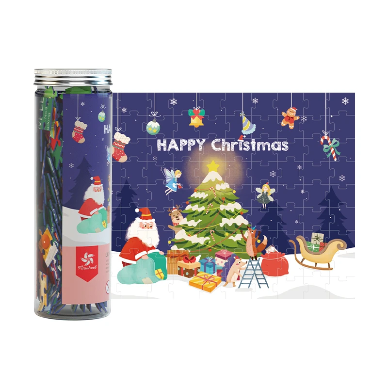 Pinwheel90片mini罐装拼图平安夜 圣诞蓝卡动物拼图趣味便携节日