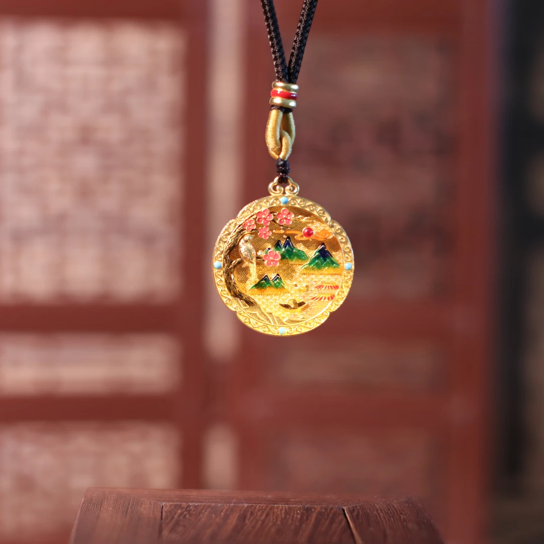 699/克 古法金黄金珐琅彩大好山河 喜上眉梢手工錾刻足金挂坠吊坠