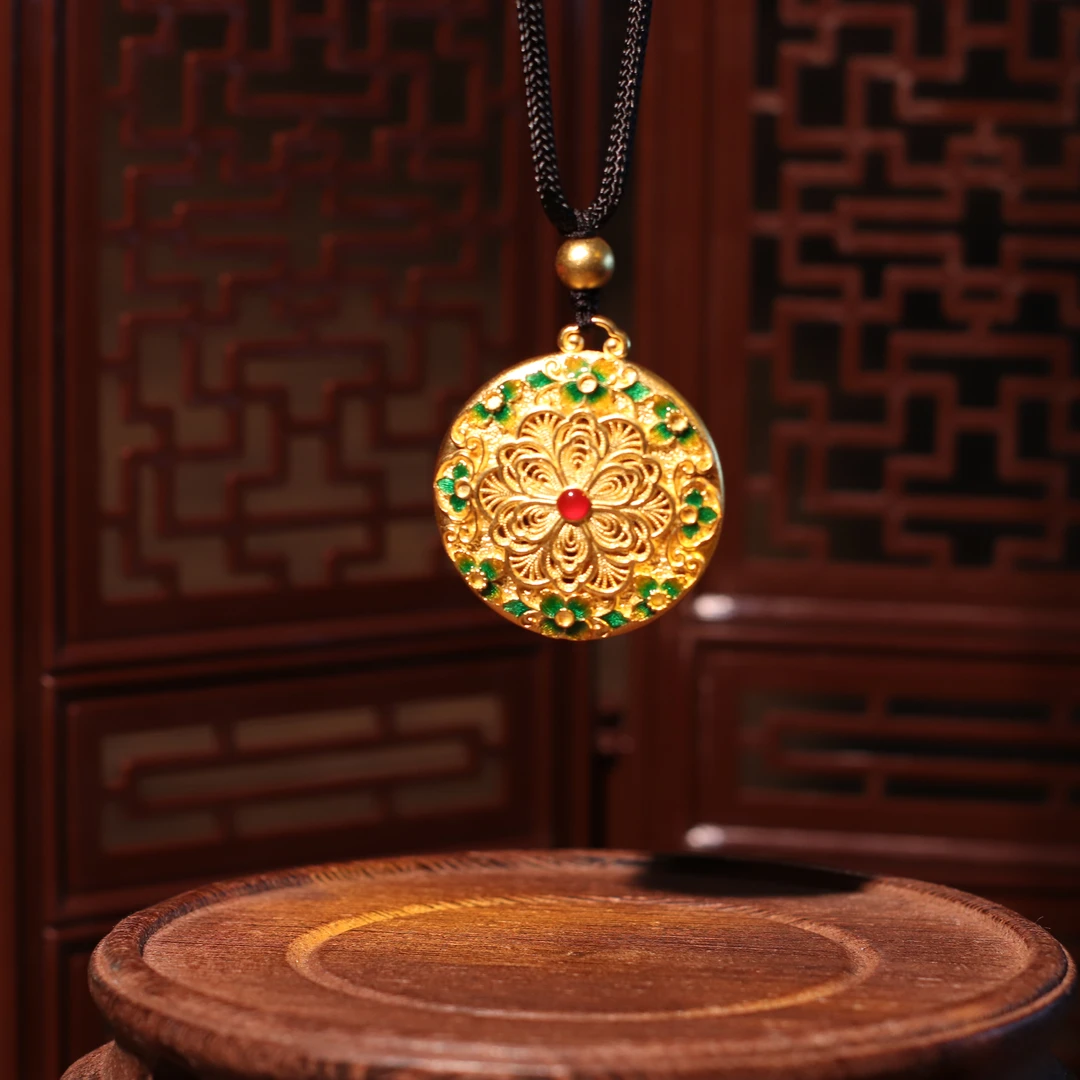 729/克古法金黄金花卉圆盘镂空足金吊坠挂坠