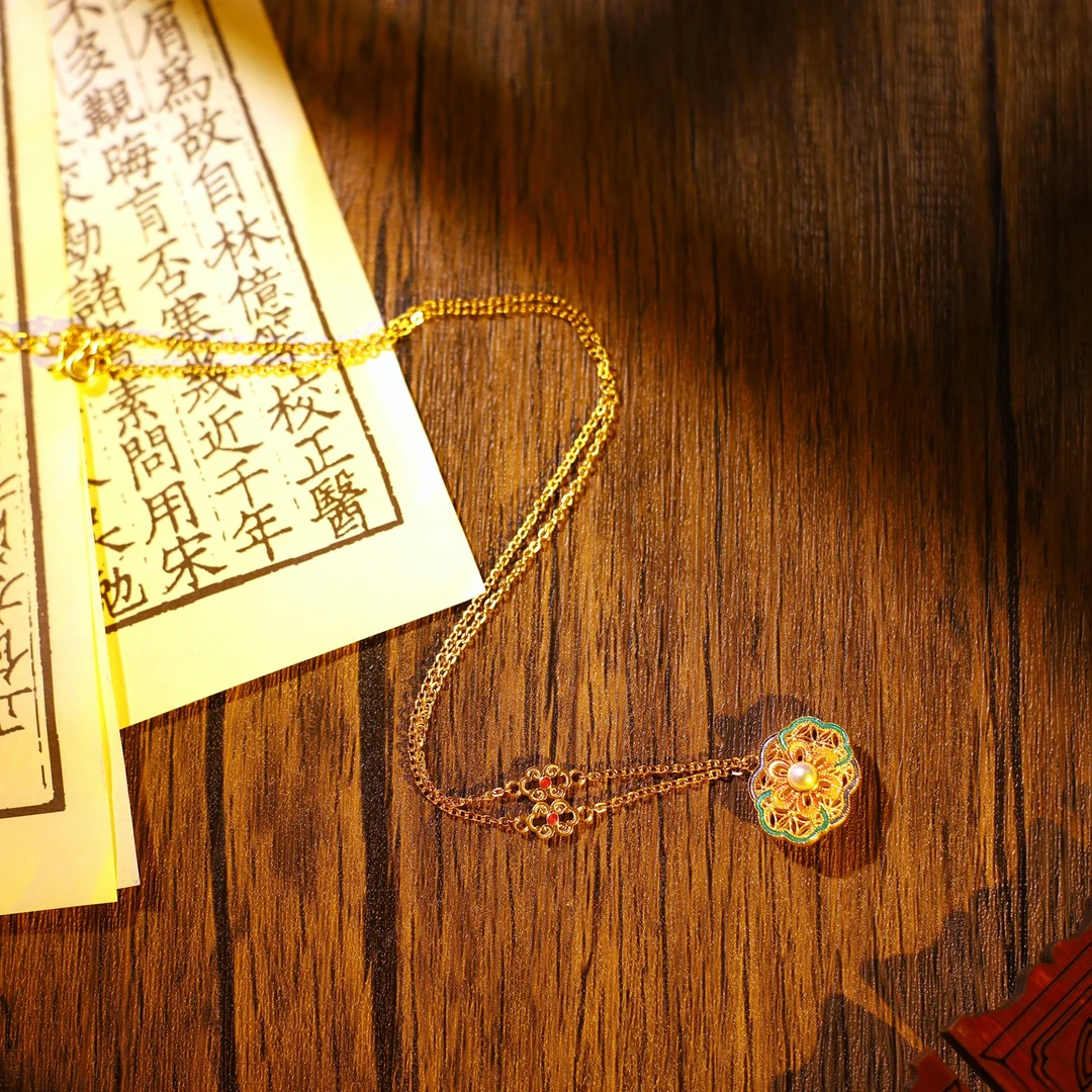 金色沙滩古法金黄金珐琅彩镶嵌天然淡水珍珠 锁包足金套链