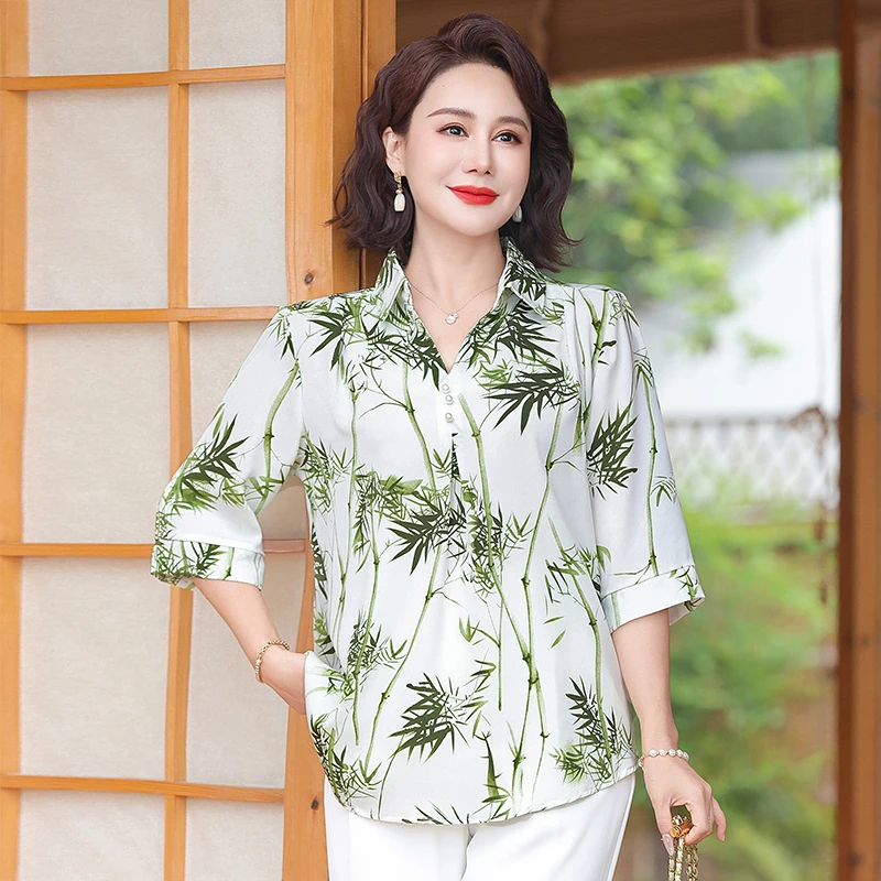 中年妈妈装夏季宽松洋气碎花衬衫时尚印花中袖衬衣显瘦T恤雪纺衫