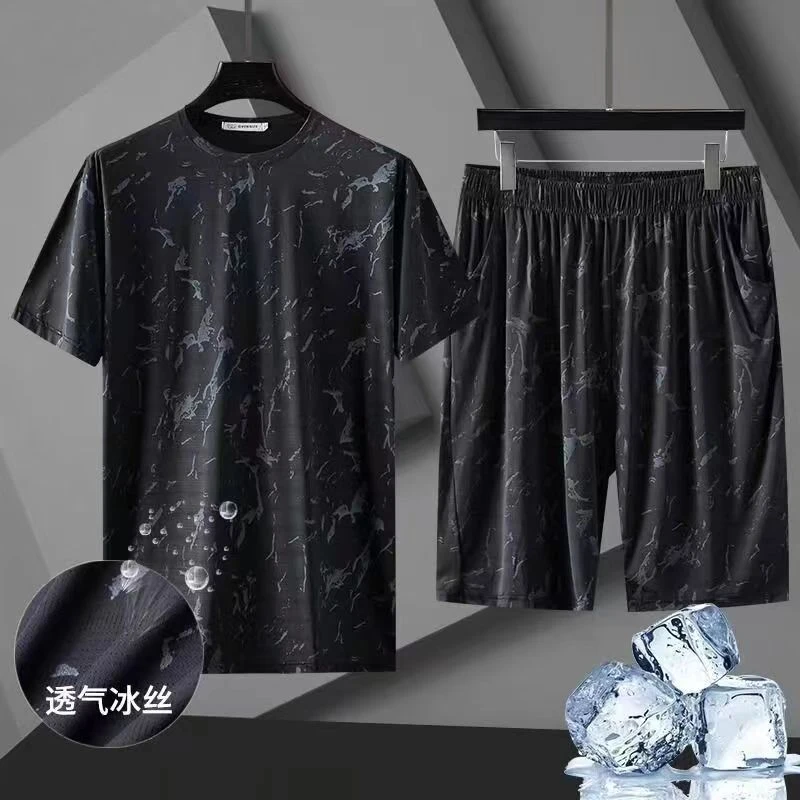 潮流宽松大码男士百搭加肥加大时尚休闲透气冰丝薄款弹力运动套装