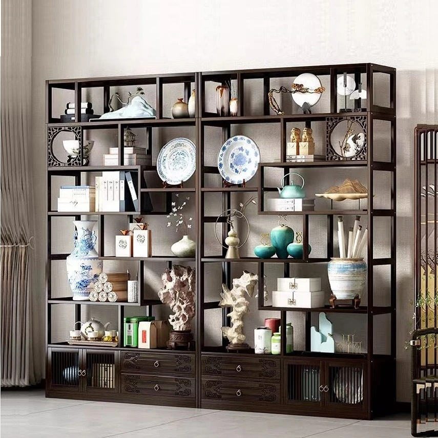新中式落地博古架雕刻窗花多宝阁客厅茶叶架展示摆件架茶室茶具架