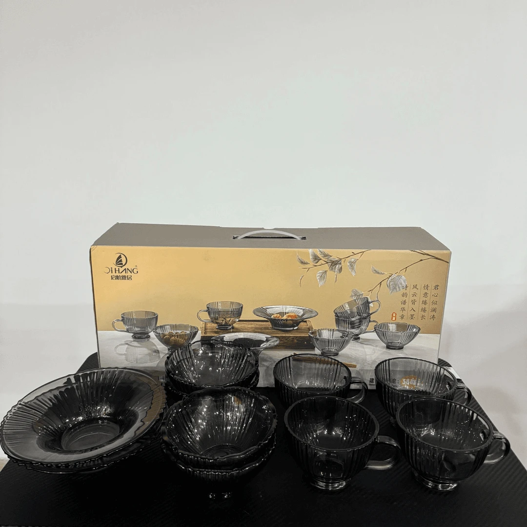 【升级款】北欧灰玻璃碗君澜十件 甜品米饭碗牛奶杯 玻璃碗盘