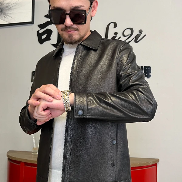 海宁真皮男款时尚休闲男士山羊皮翻领春秋季潮牌修身短款轻奢夹克