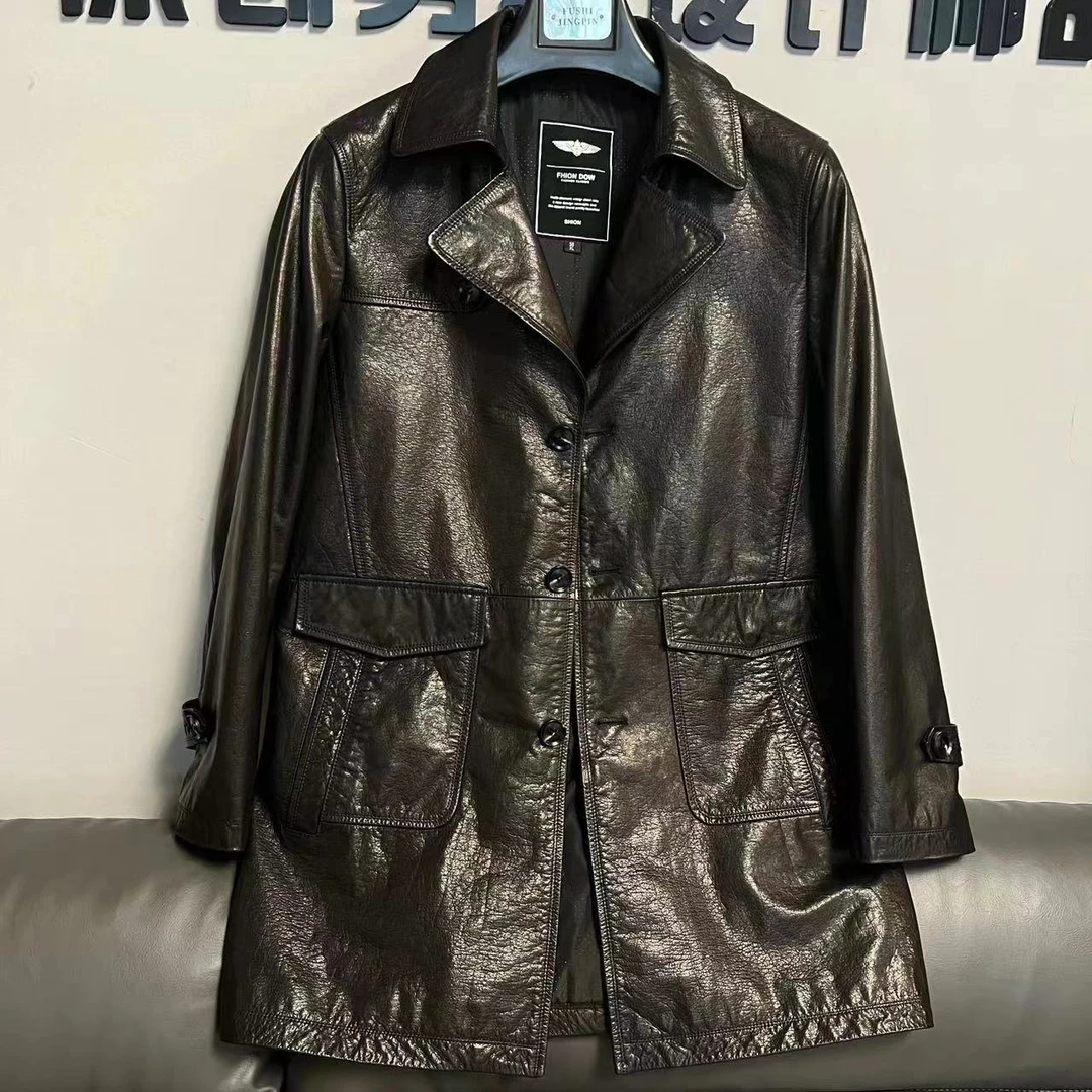 海宁真皮男士春秋气质时尚休闲百搭网红黑色潮流修身中长牛皮风衣