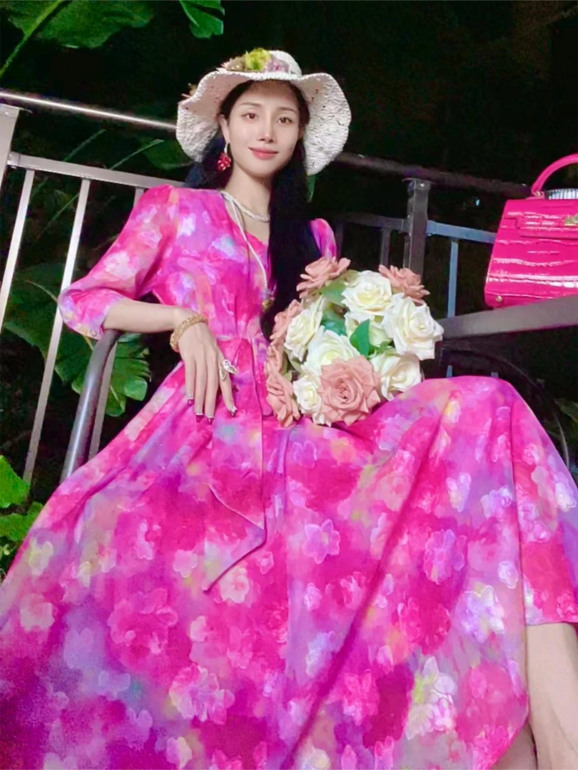 【漫步花海】重工提花法式浪漫度假风夏季大裙摆系带连衣裙收腰