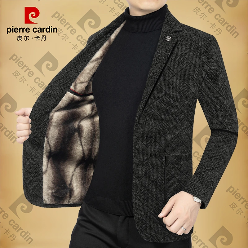 皮尔卡丹秋冬季商务休闲西服高档秋冬男装西装领外套毛呢加绒季候