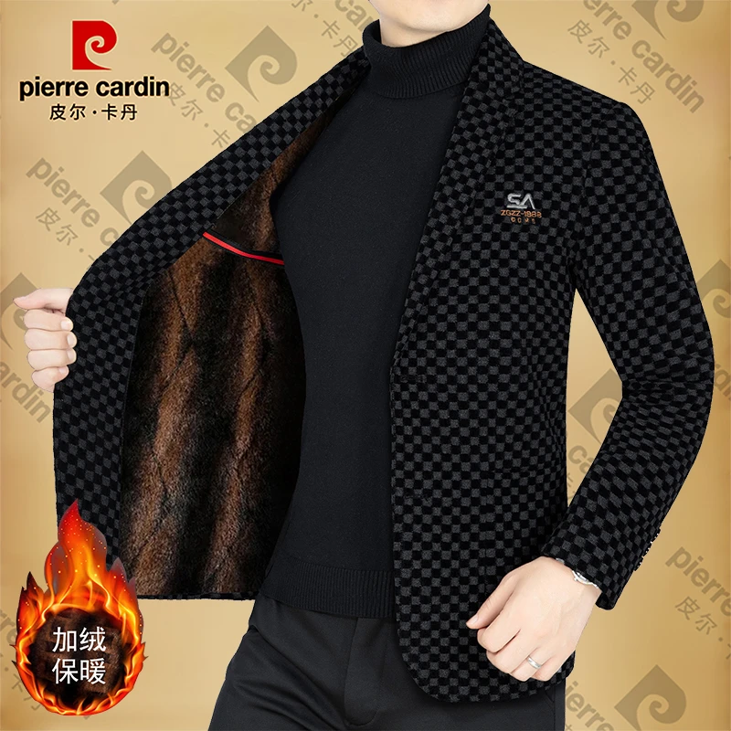 皮尔卡丹西服秋冬季保暖男装加绒加棉加厚千鸟格男装西装冬季保暖
