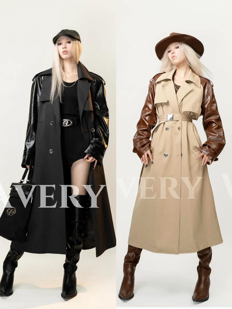 老吴的衣橱【罗马约定】拼皮撞色中长款风衣女秋冬加绒收腰外套W023