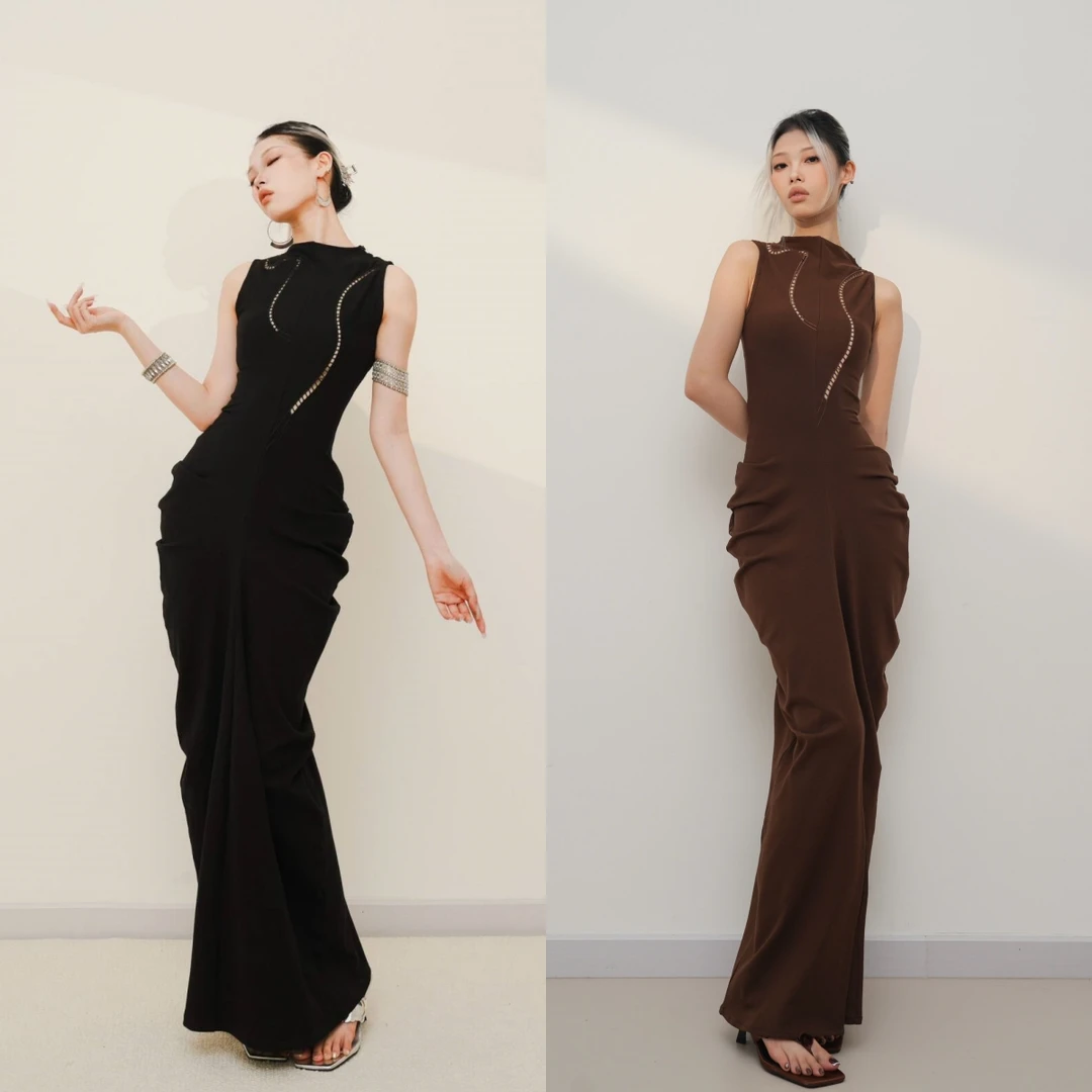 老吴的衣橱【黑褶围镜】无袖鱼尾时尚辣妹收腰气质性感连衣裙L606