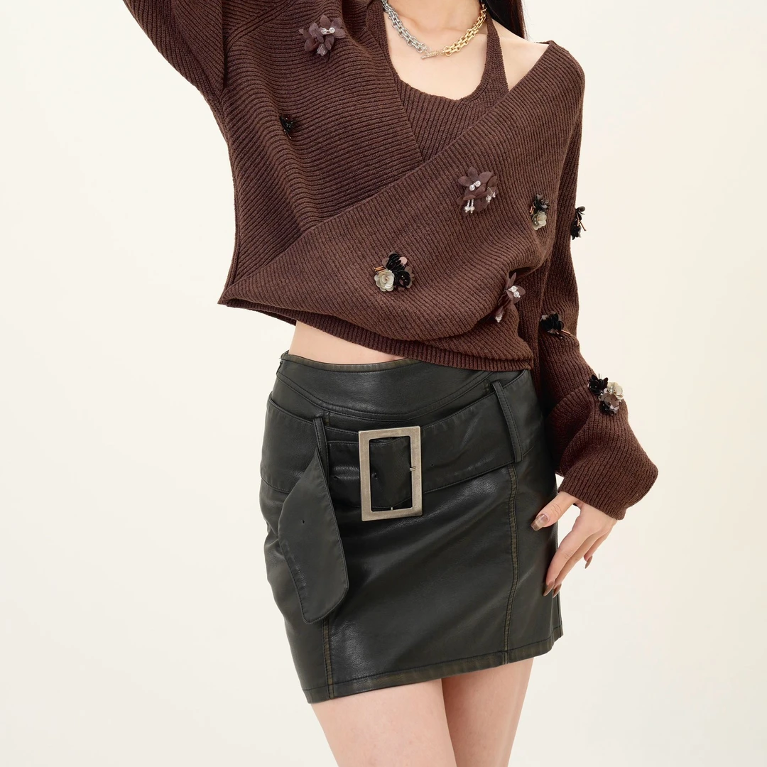 老吴的衣橱【孤独海岛】美式辣妹复古设计感小众时尚简约短皮裙D003